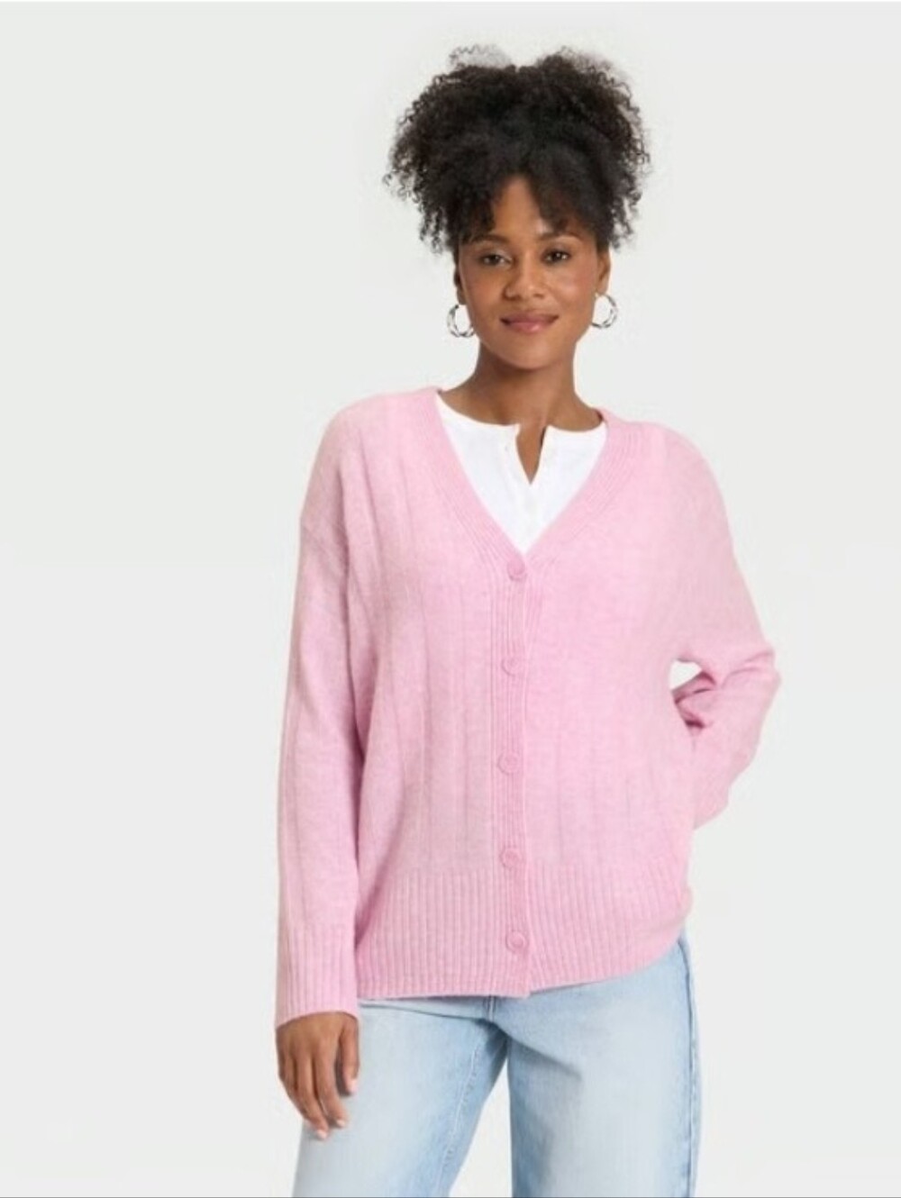 Universal Thread Women's V-Neck Knit Ribbed Cardigan Sweater Pink Size L